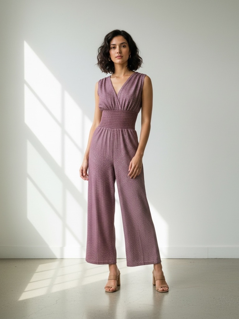 Max Studio Mauve V-Neck Smocked-Waist Wide-Leg Jumpsuit